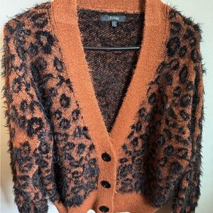 Chic Print Cardigan Sweater Orange and Black with Textured Yarn